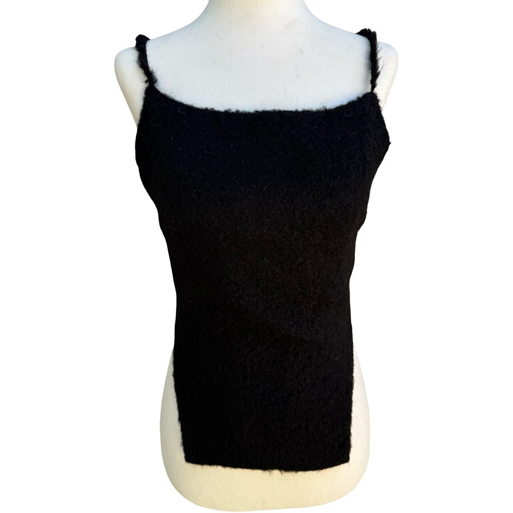 Goth Y2K Black Fuzzy Knit Backless Tie Crop Camisole Top Emo Grunge Whimsigoth M